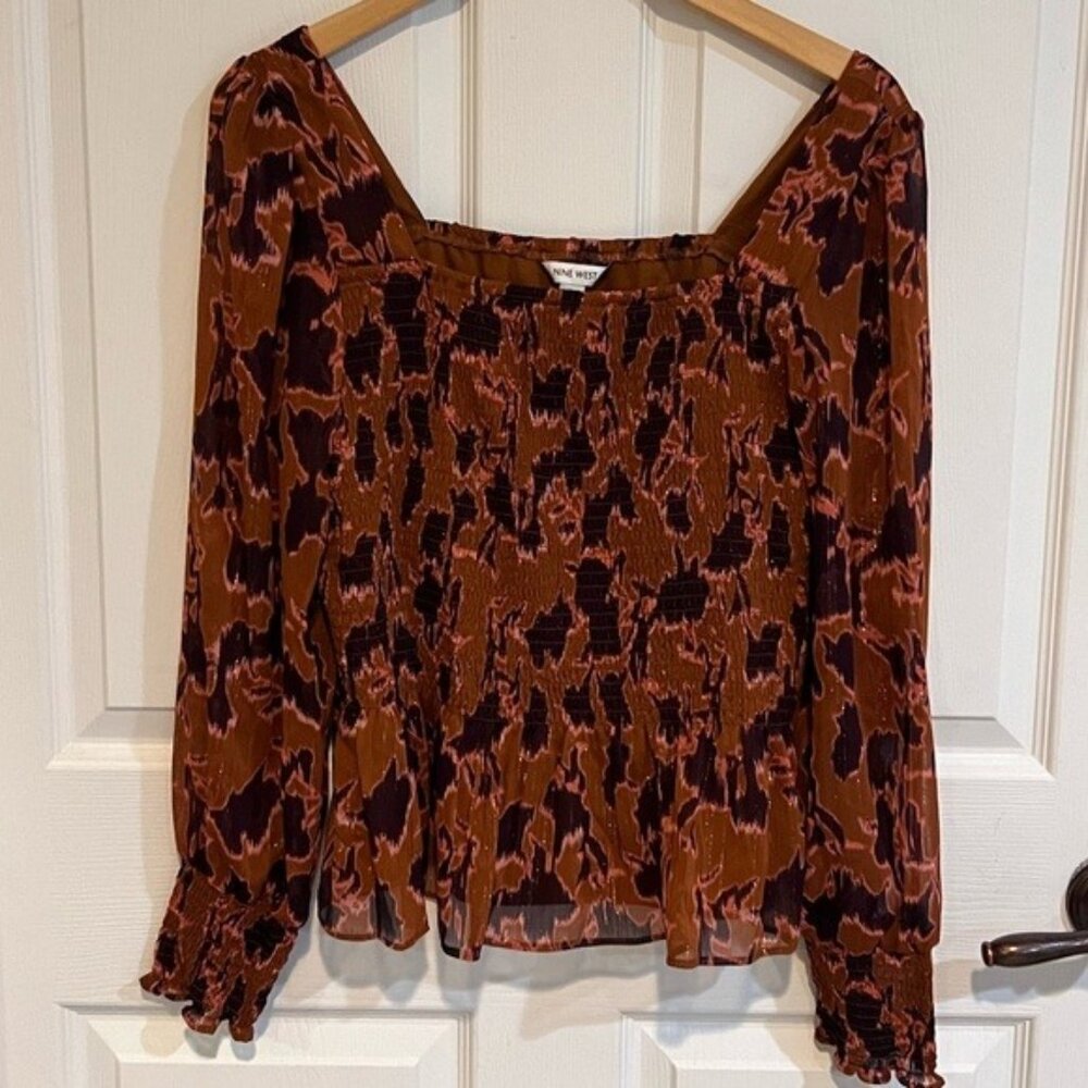 Nine West Top Womens XL Brown Pink Abstract Animal Print Smocked Long Sleeve Blo